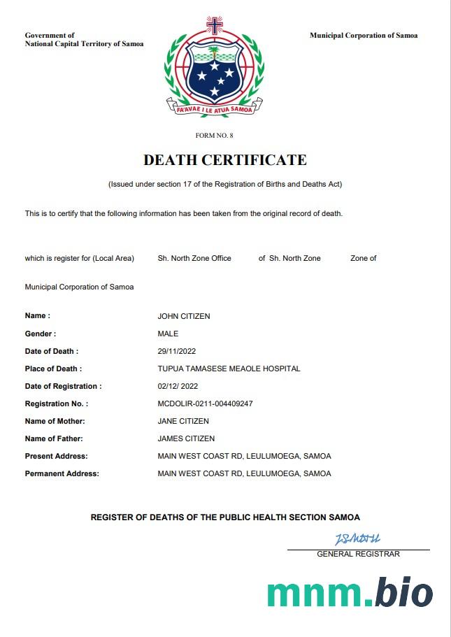 Samoa śmierć certyfikat Word i PDF szablon